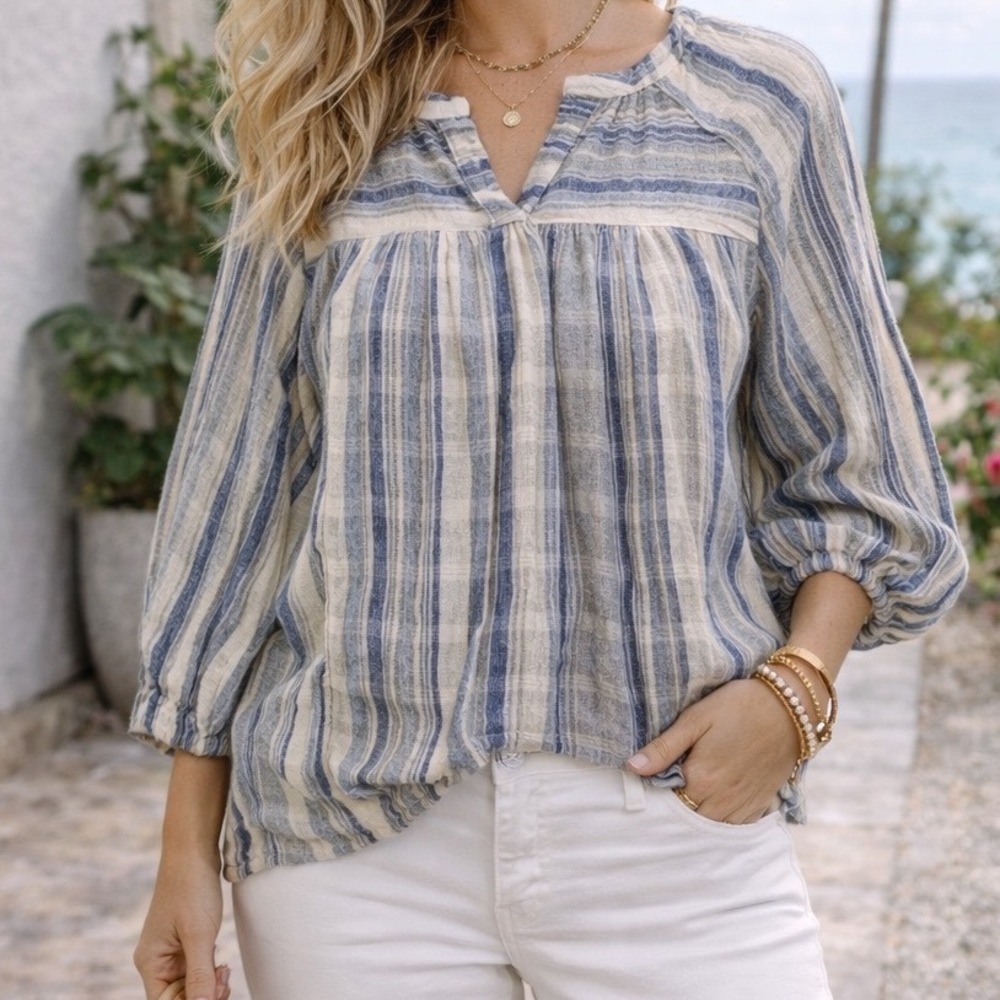 Knox Rose Striped Gauzy Boho Split Neck Balloon Sleeve Blouse Coastal Nautical M